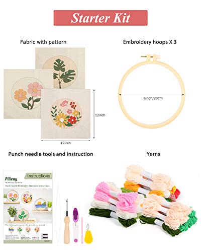 Pllieay 3 Set Punch Needle Embroidery Starter Kits Include Instruction, Punch Needle Fabric With Pattern, Yarns, Embroidery Hoops For Rug-Punch & Pinch Needle #TOP2