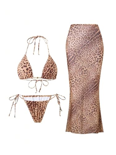 SHENHE Women's Leopard Print Swimsuits 3 Piece Triangle Halter String Bikini Set with Cover Up3