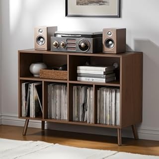 AUREUM OPAL Record Player Stand with Vinyl Storage Cabinet, Wood Turntable Table Open Shelf Holder Up to 350 Albums Cube Storage Organizer for Living Room, Office, Brown