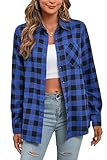 Flannel Shirts Women Long Sleeve Plaid Shirt Checkered Casual Dressy Button Down Blouses Royal Blue Western Oversize Roll Up BuffaloTops Outfits