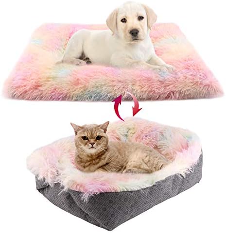 Chintu Cat Beds for Indoor Cats - Washable Dog Crate Bed Calming Dog Bed Plush Fluffy Cat Bed Faux Fur Warming Pet Bed for Small Medium Dogs and Cats 24 x 20 Inch Rainbow