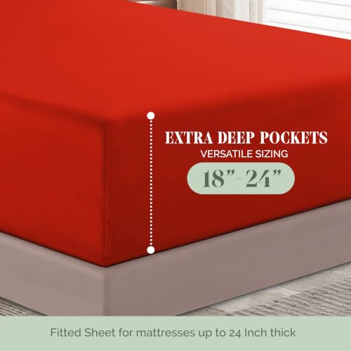 Image of Elegant Comfort Luxury 1500 Premium Hotel Quality Microfiber 4-Piece Sheet Set - Soft, All Around Elastic 18-24 Inches Deep Fitted Sheet - Extra Deep Pocket Sheets, Queen, Red