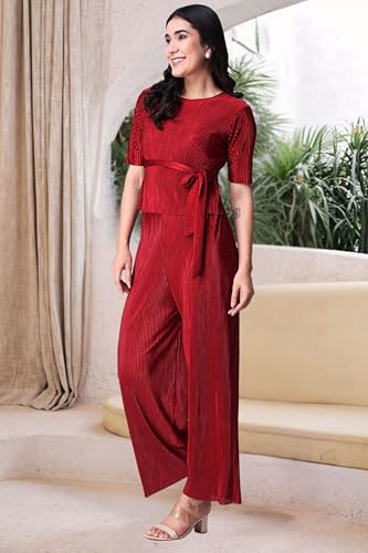 Image of POPWINGS Casual Solid Wrinkle Co-ord Set for Women Stylish Western Co-Ord Set for Women | Co-ord Set for Summer | Top and Palazzo Set for Women
