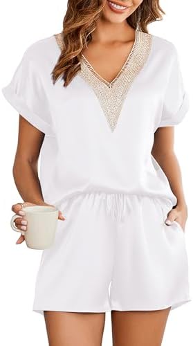 Ekouaer Silk Pajama Shorts for Women Short Sleeve Sleepwear Guipure Lace V Neck Satin Shirt Silky Pjs Set White