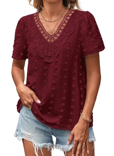 Falechay Womens Summer Tops Light Wine Red Babydoll Solid Flowy Blouse Swiss Dot Blouse For Women Dressy Sexy Short Sleeve Bohemian Vneck Peplum Tunictop Fall Peasant M