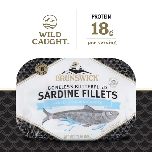 Image of Brunswick Sardines in Spring Water, 3.75 oz Can - Boneless Butterflied Sardine Fillets - Wild Caught - 18g Protein per Serving - Gluten Free, Keto Friendly