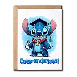 MacSplendid Graduation Card - Blue Cartoon Stitch In Cap And Gown Holding Diploma - Funny Congratulations Greeting For Grads - Great Card For Family And Friend