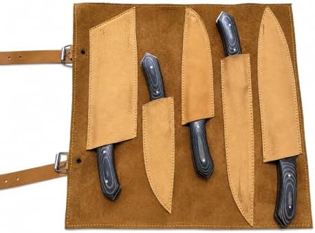 5-Piece Handmade Damascus Kitchen Knife Set with Black G10 Handles β Professional Chef Knives with Premium Leather Roll Bag. - 3