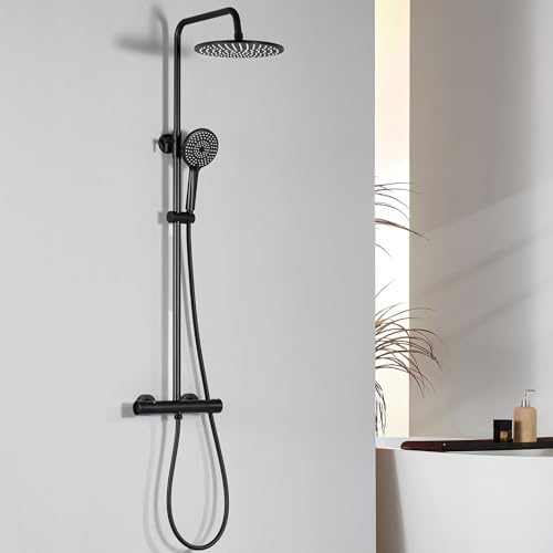 Auralum Columna Ducha Termostática,Duchas de baño Conjunto con Grifo,Cabezal de Ducha Lluvia 250x250mm,Alcachofa de Ducha con 3 Modo y Barra de Ducha Altura Adjustable,Negro