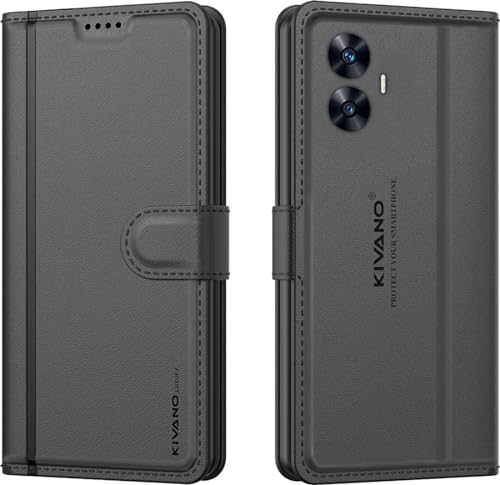 Image of KIVANO LUXE Compatible for Realme Narzo N55 / Realme C55 5G Luxury Handmade Leather Magnetic Flip Folio Case | Card Holder & Kickstand | Slim Protective Cover | Unisex - Black