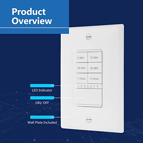 Lider 2-Hour Countdown Timer Switch With Wall Plate, 5-10-20-30 Min, 1-2 Hour, For Lighting Or Fans, Led Indicator, 1200W, Neutral Wire Required, Lts-2H-Wwp2P, White, 2-Pack #TOP2