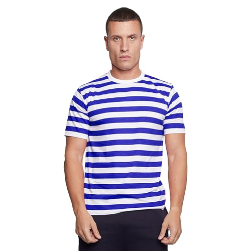 Image of WickedFun® Mens Striped Top Shirt Stag Do Navy Sailor Fancy Dress Short Sleeve Cotton Stripe T-Shirts (Large)