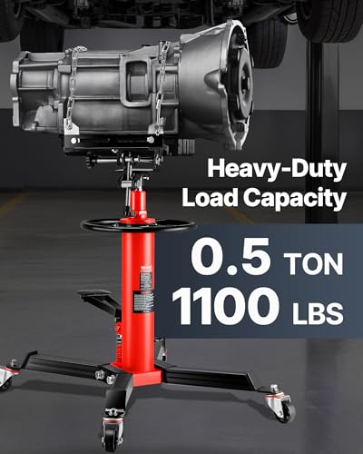 Image of VEVOR 1 /2Ton /1100lbs Capacity Hydraulic Transmission Jack, Car & Truck Compatible, 33.5-67 Inch Lift Range, 2-Stage Jack Stand with Foot Pedal, 360 Swivel Wheel, Red