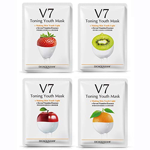 Bioaqua V7 Deep Hydration Making Facial Skin Youth Seven Vitamins Essence Orange Kiwi Apple Strawberry Face Mask Refreshing Moisturizing Natural Extract 30G X 8 Pcs #TOP2