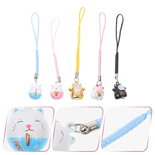 TOYANDONA Japanischer Maneki Neko Glückskatze Handyanhänger Kupfer Winkekatze Schellen Glöckchen Handyschmuck für DIY Schlüsselanhänger Auto Tasche Geldbörse Rucksack Glücksanhänger Deko 5 Stück