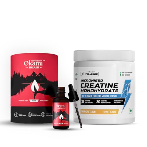 Image of Wellcore Creatine (33 Servings, Tropical Tango) + Okami Shilajit Drops (30 Servings) | Power & Stamina Booster | Lab Tested | For Men & Women