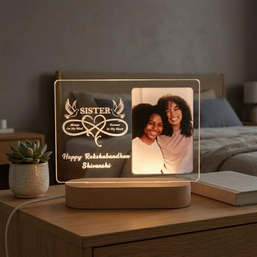 Image of Personalized Sister Raksha Bandhan LED Table Lamp - Custom Photo Multicolor Acrylic Night Light with Quote - Gift for Sister from Brother