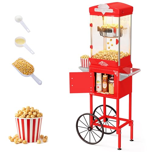 Image of Popcorn Machine, 10 Oz Vintage Popcorn Machine Cart with Wheels, Professional Movie Theater Style Popcorn Popper Makes Up to 40 Cups, Popcorn Maker Machine for Home & Commercial (Crimson Red)