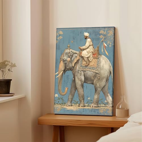 Image of PAINTINGMANTRA Digital Indian Art Man Riding Elephant Wall Decor Print Multicolor | Canvas Painting Stretched on Wood | Suits For Living Room, Bedroom, Hallways (12x16 Inch)