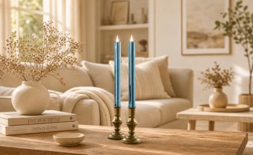 Image of Flameless Taper Candles Flickering with Remote and Timer, 3D Moving Flame Taper Candle Battery Operated to 400 Hours, 9 Inch Window Candles(High Shine Blue)