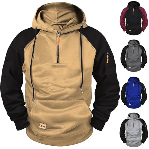 Tactical Hoodies for Men Fleece Military Cargo Hooded Sweatshirt 1/4 Zip Patchwork Color Block Pullover with Pockets