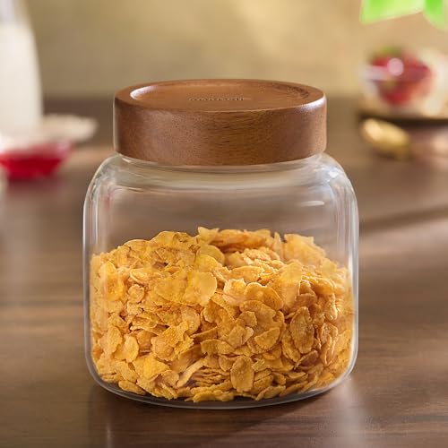 Image of Borosil Glass Jar with Acacia Wood Lid | Borosilicate Glass Storage Jar for Dry Fruits, Spices & Snacks | Airtight Glass Container for Kitchen & Pantry (Roundwood, 1200 ml)