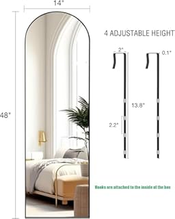 KOMCOTE Full Length Mirror 48x14 Inches - Over The Door Hanging Mirror for Bedroom, Living Room, Closet - Arch Floor Mirror, Door Mirror with Black Frame - No Drill Easy Install
