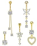 HAPZUR Set de 5 Piezas de Piercings para Ombligo, Pendientes de Acero Inoxidable con Diseños de Colgantes de Mariposa, Flor y Redondos con Strass, para Mujeres y Jóvenes