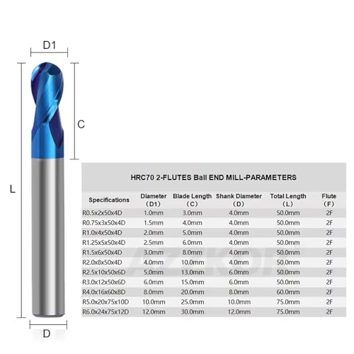Image of Carbide Ball Nose EndMill HRC65 Double Edge 2 Flute TlAiN Coating Tungsten Steel Milling Cutter for Metal Steel HRC65 R0.5-R6.0 Series 11pcs Set