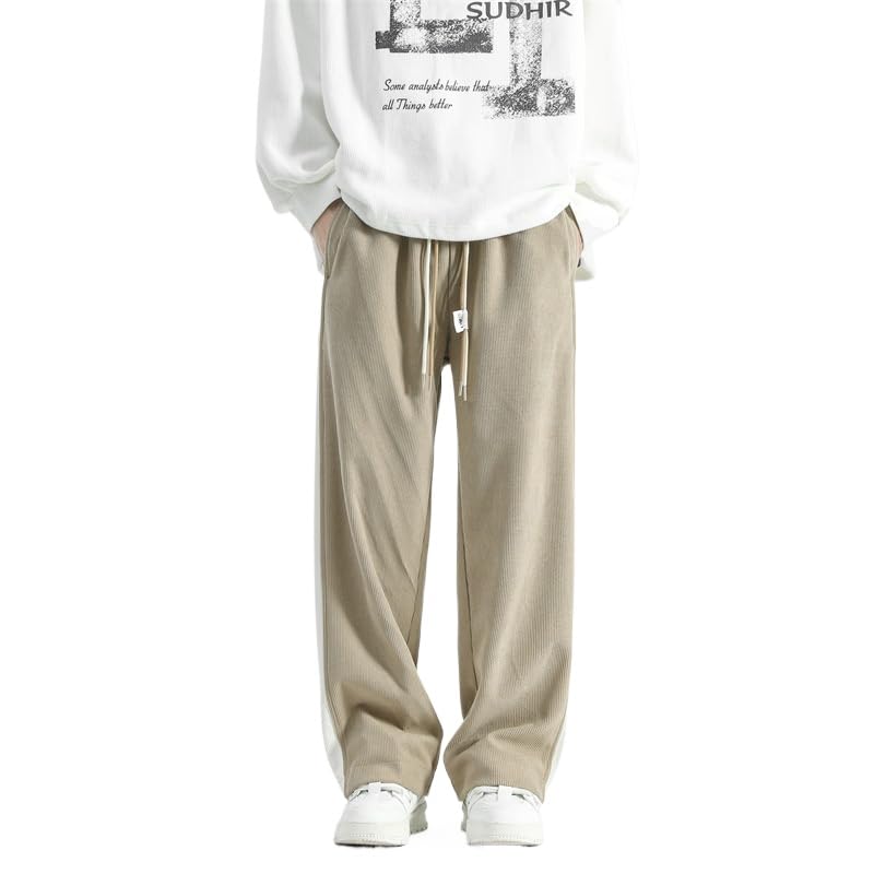 POHADON Mens Baggy Corduroy Pants Straight Wide Leg Sweatpants Side Striped Drawstring Elastic Waist Pants Y2k Streetwear