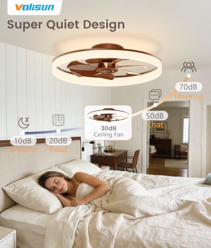 Image of VOLISUN Low Profile Ceiling Fans with Lights and Remote, 24in Fandelier Ceiling Fan Flush Mount, 3000K-6500K Smart Bladeless LED Fan Light, Farmhouse Ceiling Fans with Lights for Bedroom(Wood)