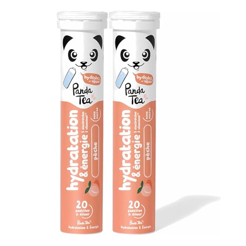 Panda Tea - Hydratation & Énergie - Pêche - 40 Pastilles sans sucre - Electrolyte Ultra Hydratation - Idéale pour le Sport et le Quotidien