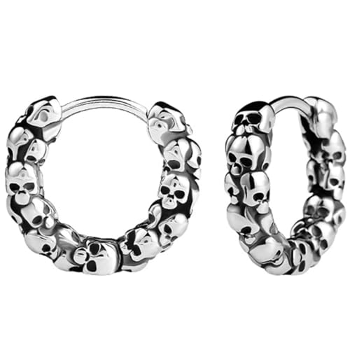 Retro Vintage Stainless Steel Gothic Skull Biker Halloween Cuff Huggie Earrings4