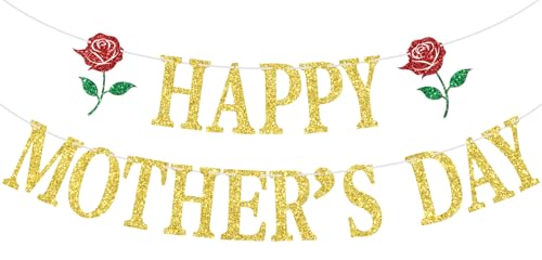 Happy Mother's Day Banner, Mom's Day Bunting Sign, Best Mom Ever, Mothers Day/Birthday Party Decorations Supplies, Gold Glitter
