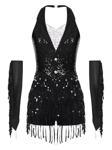 Sinleey Damen Latein Tanzkleid Mit Fransen Eng Anliegend Glitzer Metall Outfit Für Jazz Salsa Cha Cha Rumba Samba Und Handschuhe Schwarz M