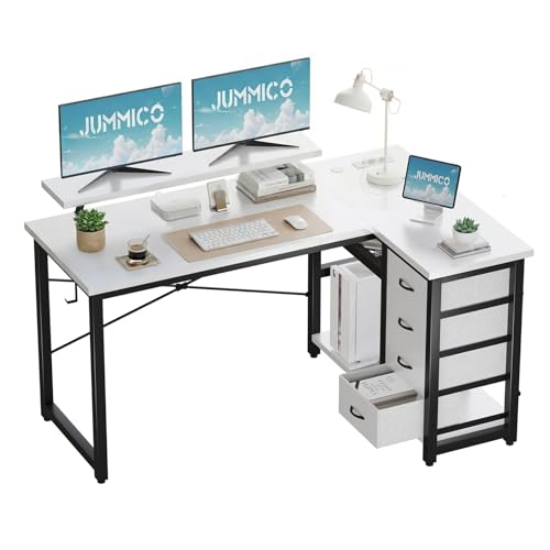 JUMMICO Schreibtisch L Form mit 4 Stoff Schubladen, Umkehrbarer Eckschreibtisch mit 2 Steckdosen& 2 USB-Anschlüssen, Computertisch L Form für Homeoffice Gaming, Weiß, 140X80cm