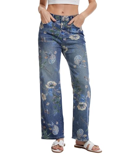 DAOAO Vintage Floral Jeans for Women 90s High Rise Wide Leg Casual Stretchy Denim Pants Pantalones De Mujer,Dark Blue,L