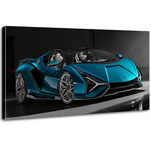 Sports Car Wall Art Blue Lamborghini Poster Wall Decor 20X40", Black And White Ferrari Aventador Wall Art Supercar Canvas Picture Framed Artwork For Boys Living Room Bedroom Office Home Decoration #TOP18