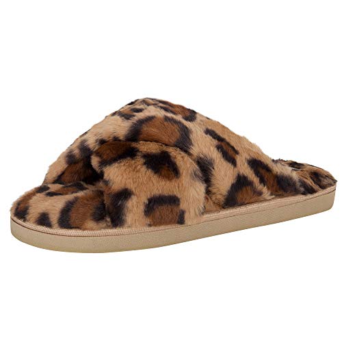 Jessica Simpson womens Cross Band Soft Plush Memory Foam House Slide With Anti-skid Sole Slipper, Leopard, X-Large US
