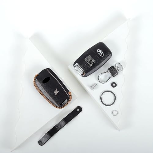 Image of Leather Smart Car Key Cover Case with Metal Hook Keychain for Kia Seltos, Sonet, Carens(Black)