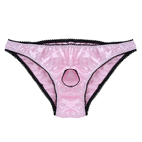 Freebily Lingerie Sissy Homme String Thong Slip Dentelle Trou Pénis Ouvert sous-Vêtement Culotte Satin Doux Bikini Briefs Shorts Rose L