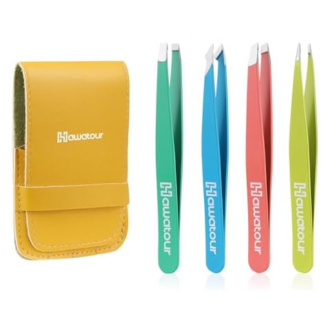 HAWATOUR Tweezers Set, 4Pcs Eyebrows Tweezers for Women, Great Precision for Ingrown Hair, Splinter, Facial Hair Removal, Multicolored Cover