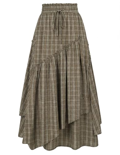 Image of Women Plaid Skirt High Waist A Line Tiered Long Skirt with Pockets, Brown Plaid, XXL