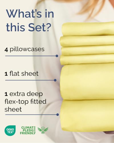 Image of Flex Top Split Head King 6 Piece Piece Sheet Set - Comfy Breathable & Cooling - Soft Hotel Luxury Bedding Set with 8-16 Inch Deep Pockets - 1 Flat & 1 Fitted Sheet & Pillowcases - Yellow