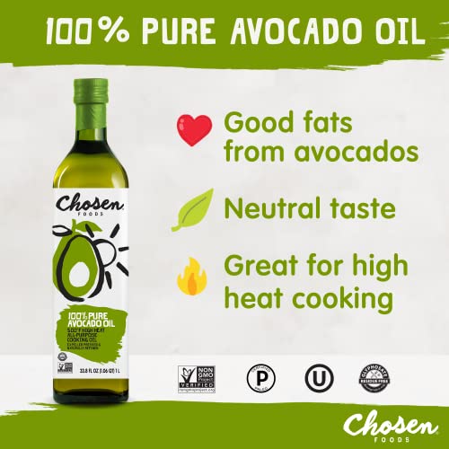 Chosen Foods 100% Pure Avocado Oil, 1L, Non-GMO, for High Heat Cooking, Frying, Baking, Homemade Sauces, Dressings and Marinades