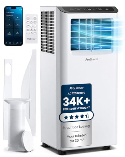 Pro Breeze Mobiele Airco 12000 BTU met Wifi, Mobiele Airconditioner met App Bediening, Digitaal Display, 24-uurs Timer & Raamafdichtingskit, Airco voor Slaapkamer, Woonkamer & Kantoor