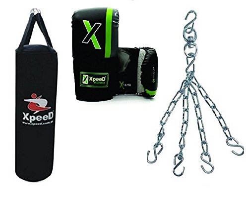 XpeeD Boxing Hard Kit Senior Men Size Set for Rough Strong Training Practice Sparring Kickboxing Thai (3 ft. Unfilled Punching Carbonium Leather Bag Glove (One Size) Hanger Hook Chain Set