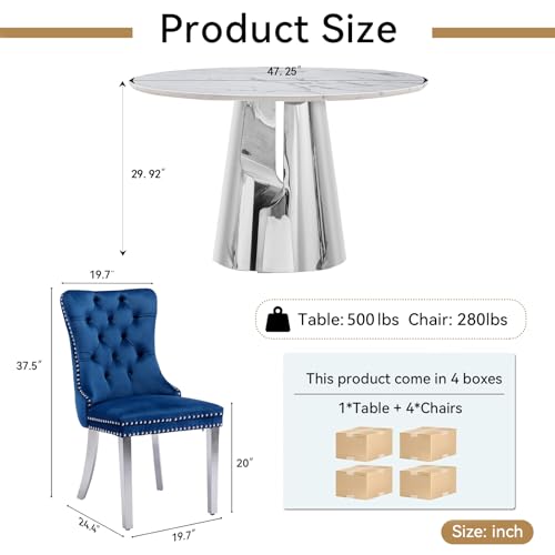 Image of 5-Piece Round Dining Table Set for 4, Modern Faux Marble Kitchen Table and Blue Velvet Chairs Set of 4, Luxury 45 inch Circle White Silver Dining Room Tables with Stainless Steel Base