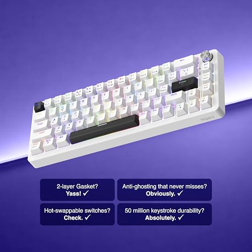 Image of FINGERS Savage-MK2 Wired Mechanical Gaming Keyboard (65% Compact 67 Keys, Hot-Swappable Switches, 2-Layer Gasket, 11 RGB Modes, Volume Control Knob, 100% Anti-Ghosting, 50M Keystrokes) - Crystal White