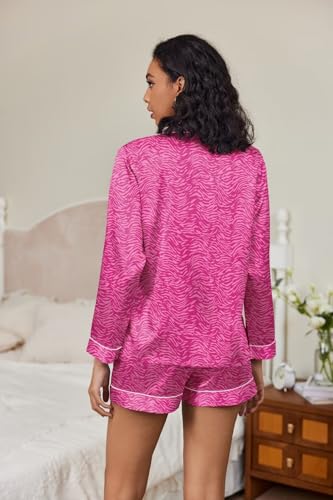 Ekouaer Satin Pajama Set for Women Button Down Pj Set Long Sleeve Top and Shorts 2 Piece Loungewear Summer Soft Sleepwear — view 5